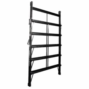 A black metal shelf with six levels.