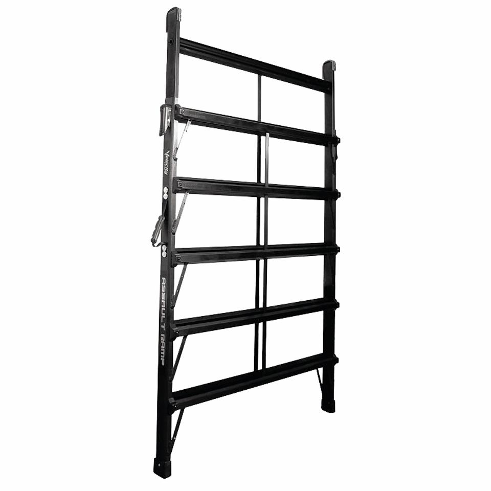 A black metal shelf with six levels.