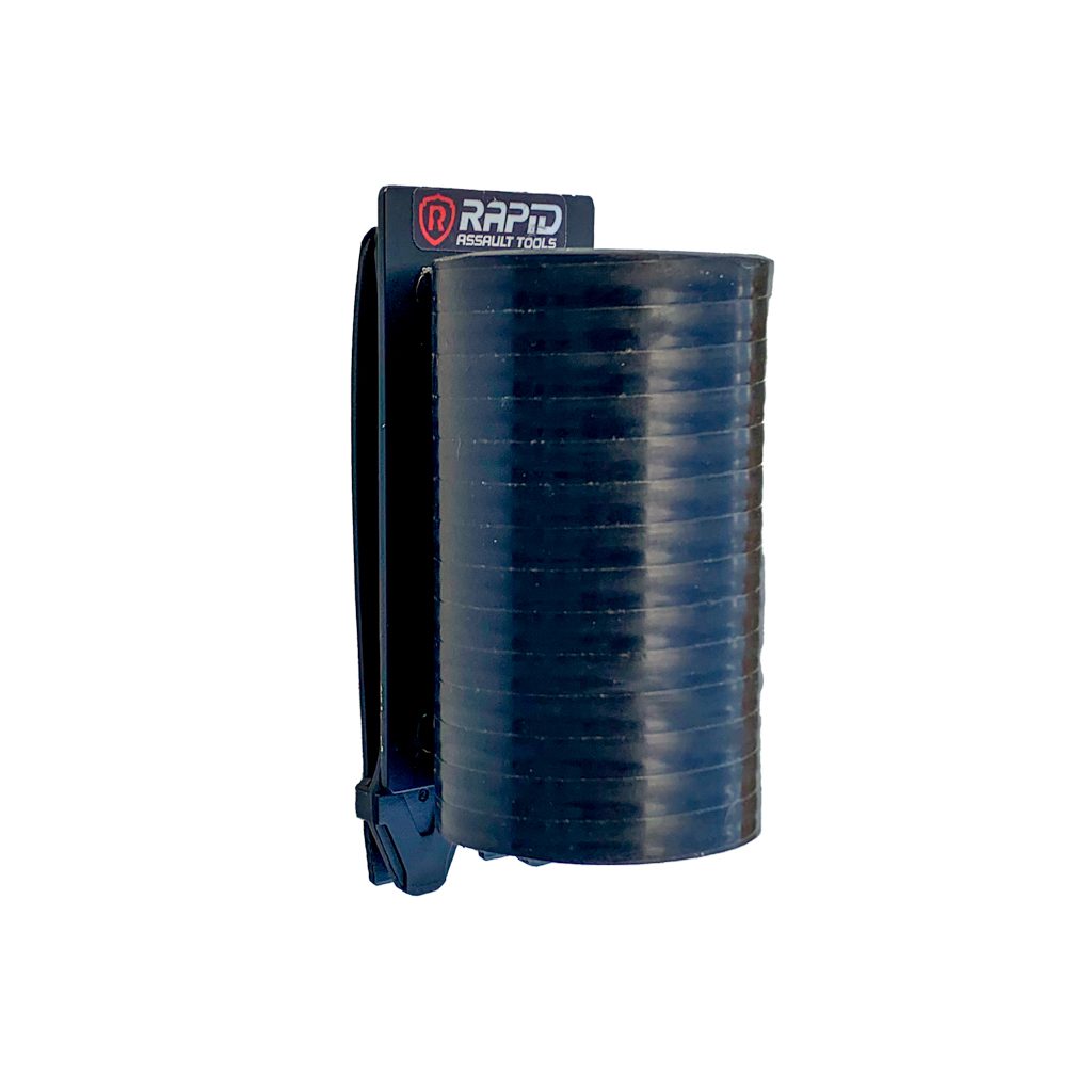 A black cylinder with a blue handle and some black stickers