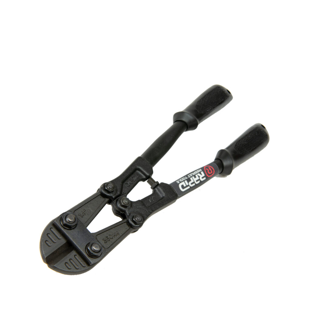 A pair of black pipe wrenches with one end missing.