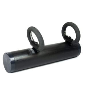 A black cylinder with two rings on top of it.