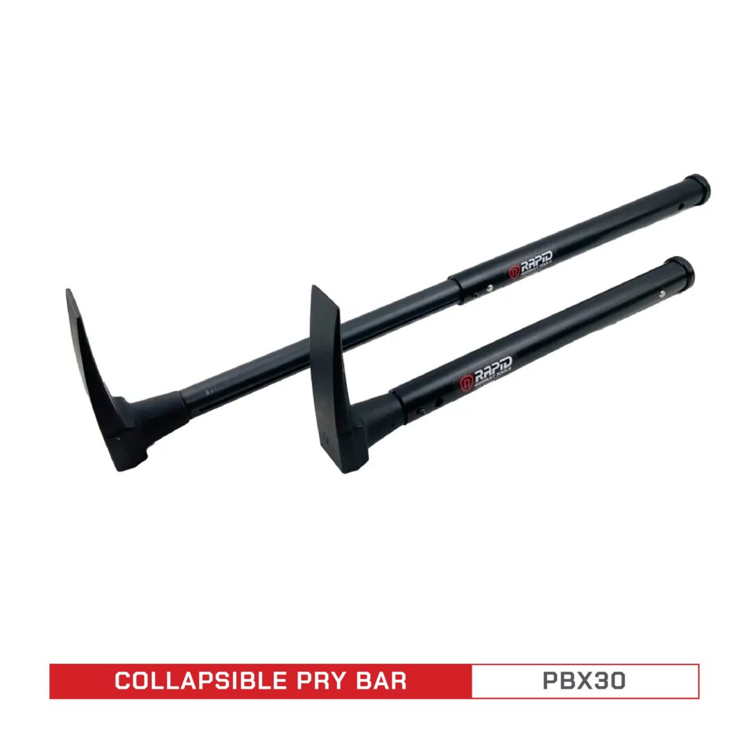 A pair of black tools with the words collapsible pit bar on them.