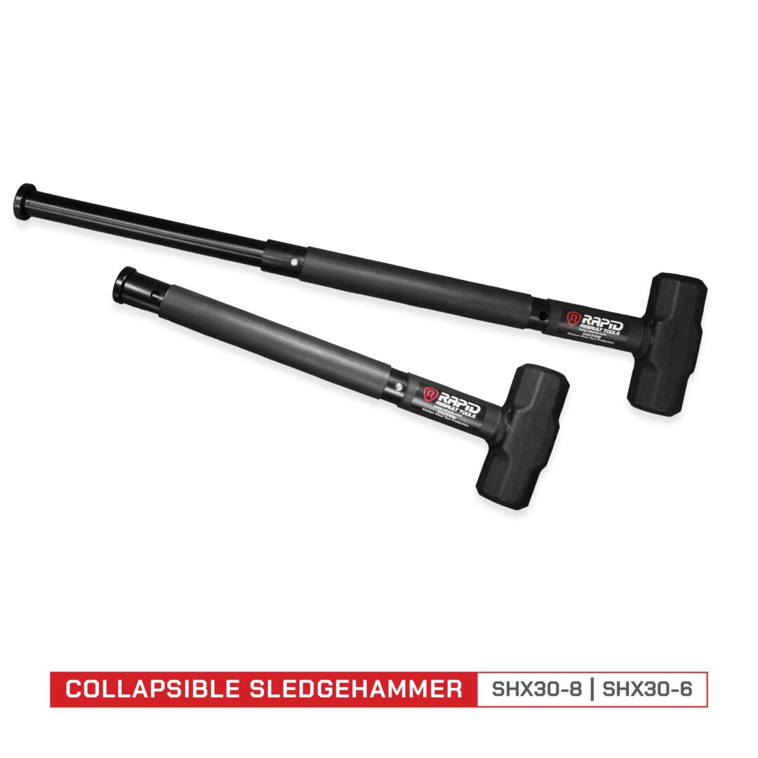 A pair of sledgehammers with the words collapsible sledge hammer on them.