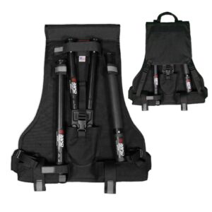 A black backpack with some poles in it