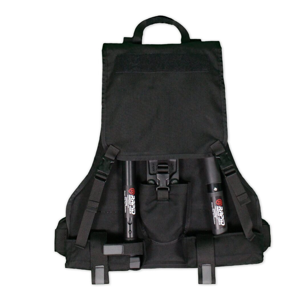 A black backpack with two binoculars on the back.
