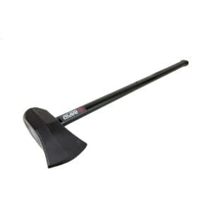 A black shovel with long handle on top of it.