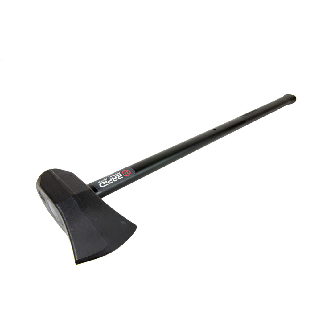 A black shovel with long handle on top of it.