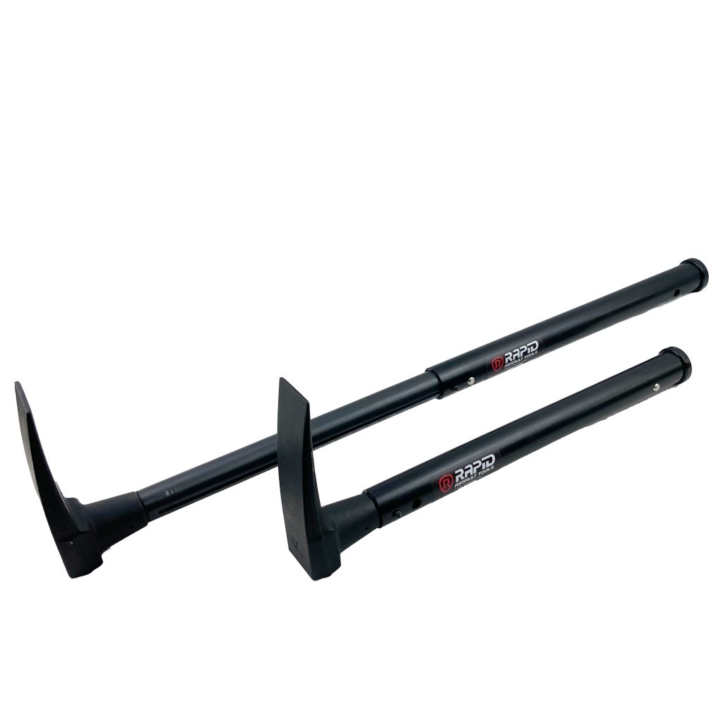 A pair of black handles with red lettering.