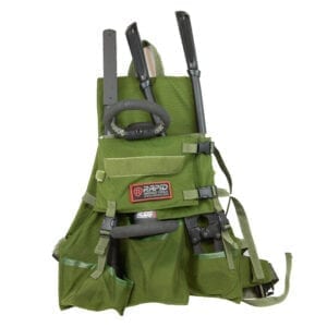 A green tool apron with tools on it.