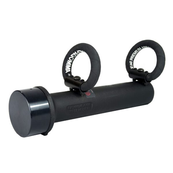 A black tube with two rings attached to it.