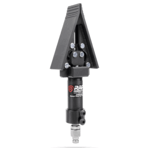A black arrow shaped device with a red dot on it.