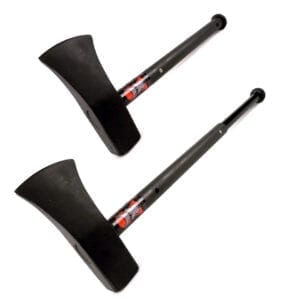 Two black axes with red handles on a white background