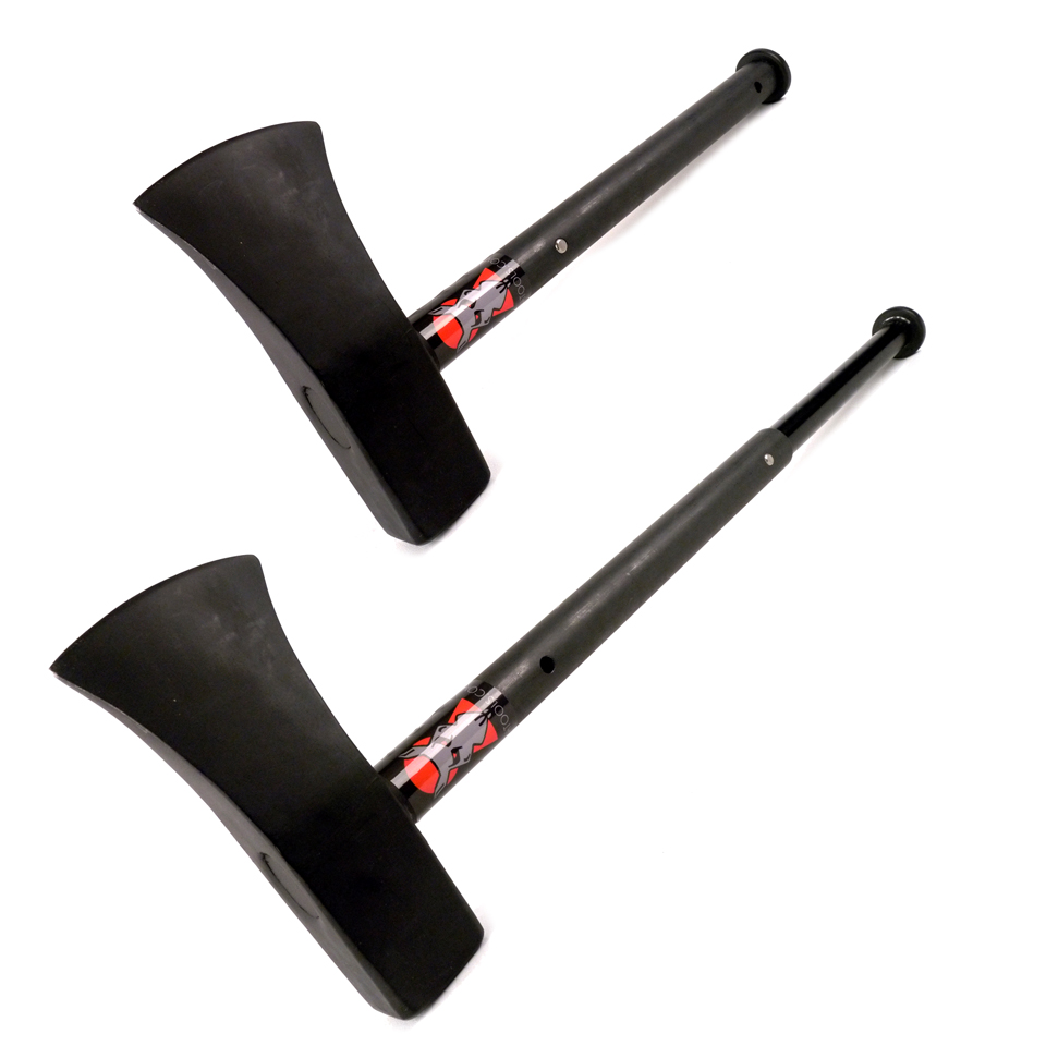 Two black axes with red handles on a white background