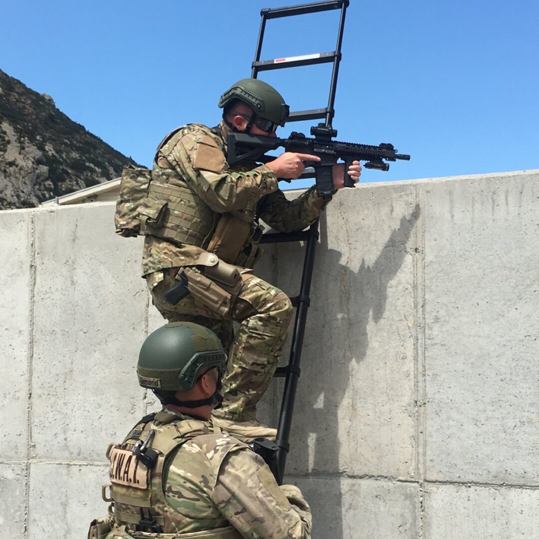 Two soldiers are climbing a ladder to reach the top of a wall.