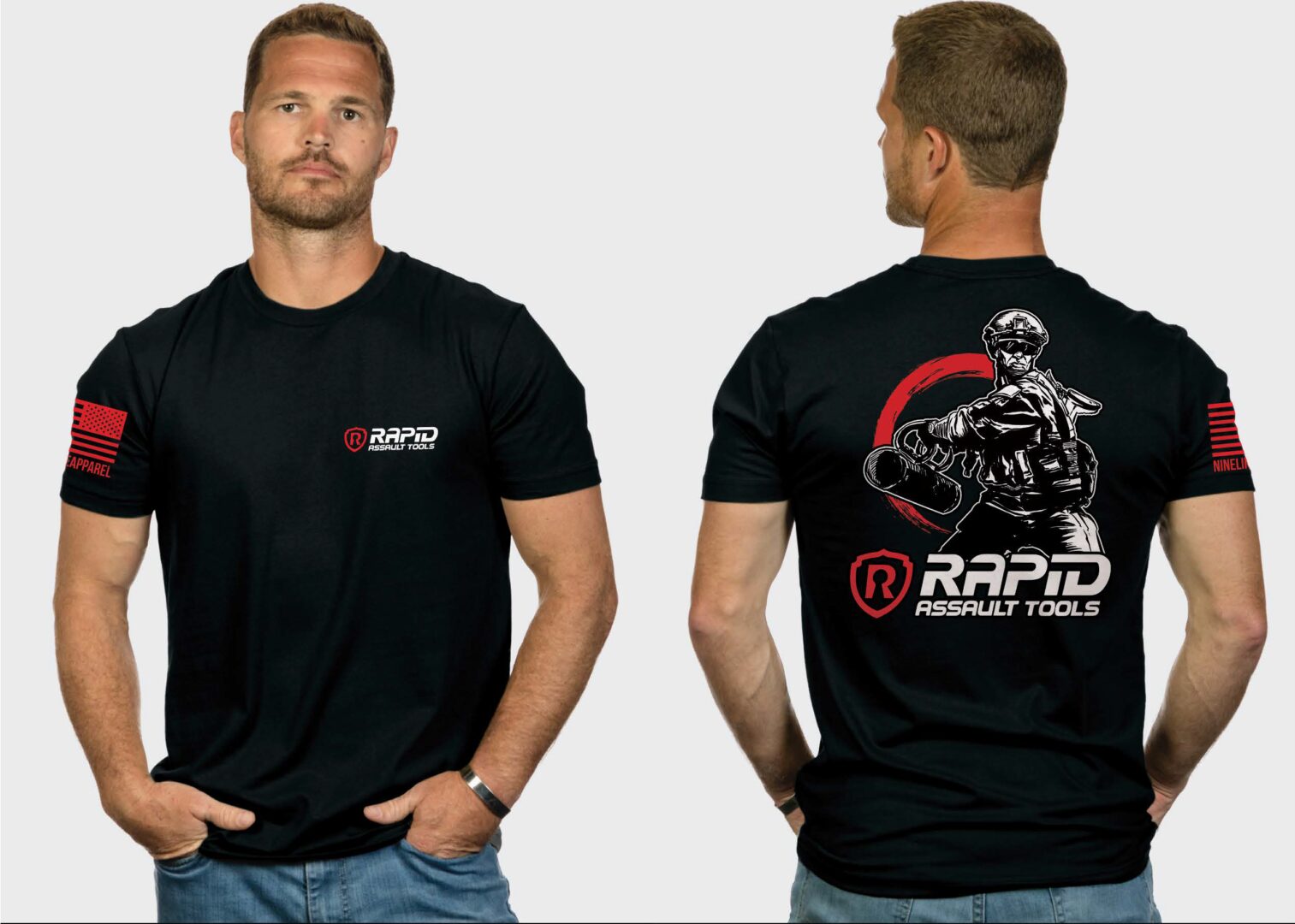 A man wearing a black shirt with red and white logo.