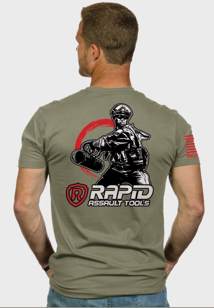 A man wearing a t-shirt with the words rapid respect tools on it.