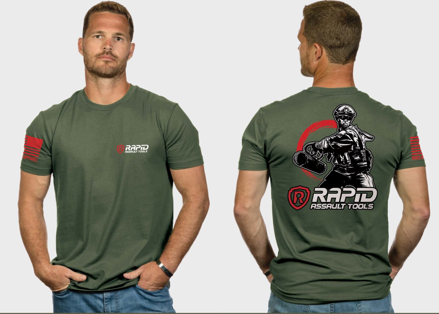 A man wearing a t-shirt with the words " rapid motorsports " on it.