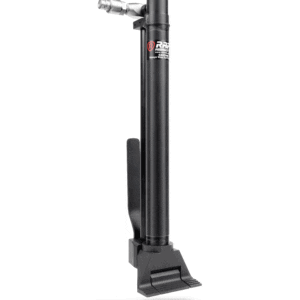 A black bicycle stand with a white handle.