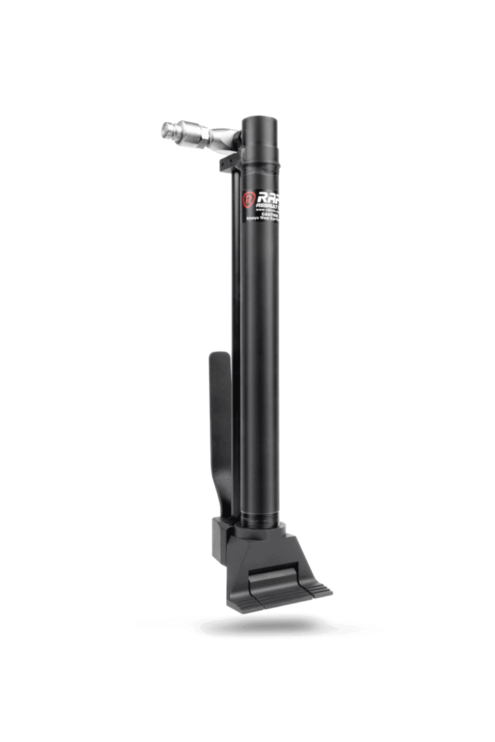 A black bicycle stand with a white handle.