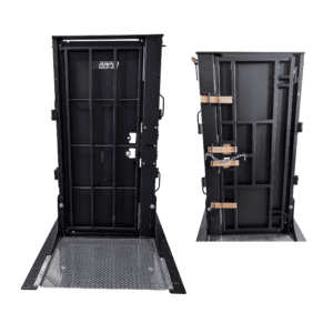 A black door with two doors and one door open.