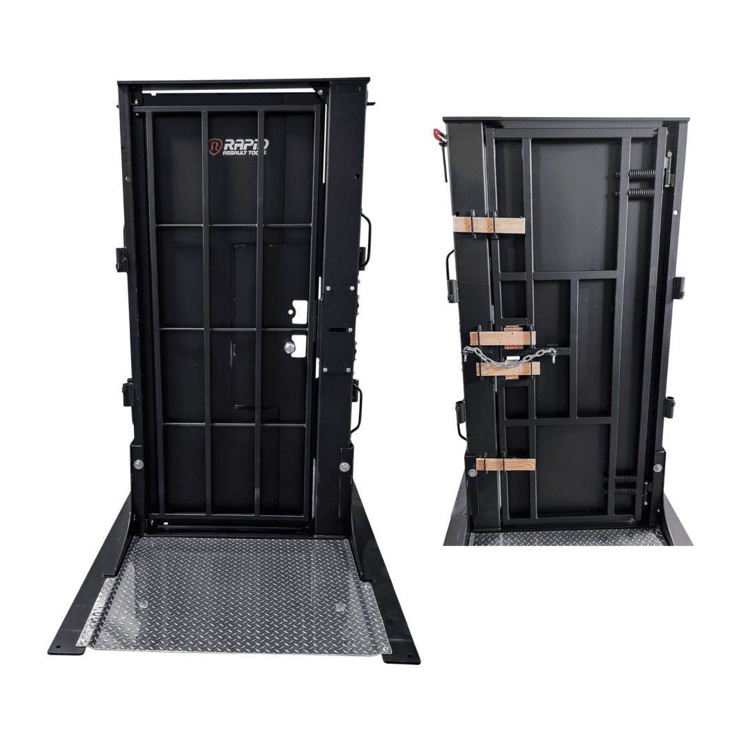 A black door with two doors and one door open.