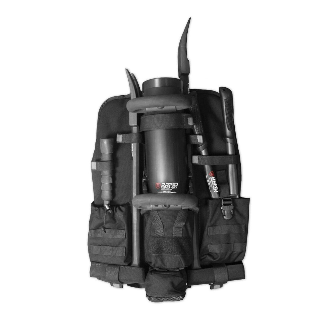 A backpack with many pockets and a large bottle holder.