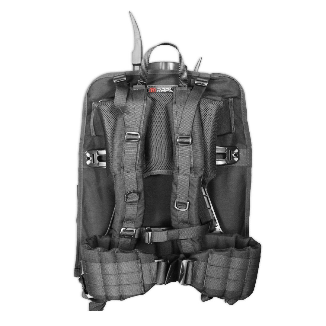 A back view of the backpack with straps and buckles.